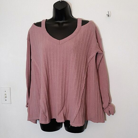 Inspired Hearts Sweaters - Inspired Hearts pink cold shoulder ruched sleeve sweater